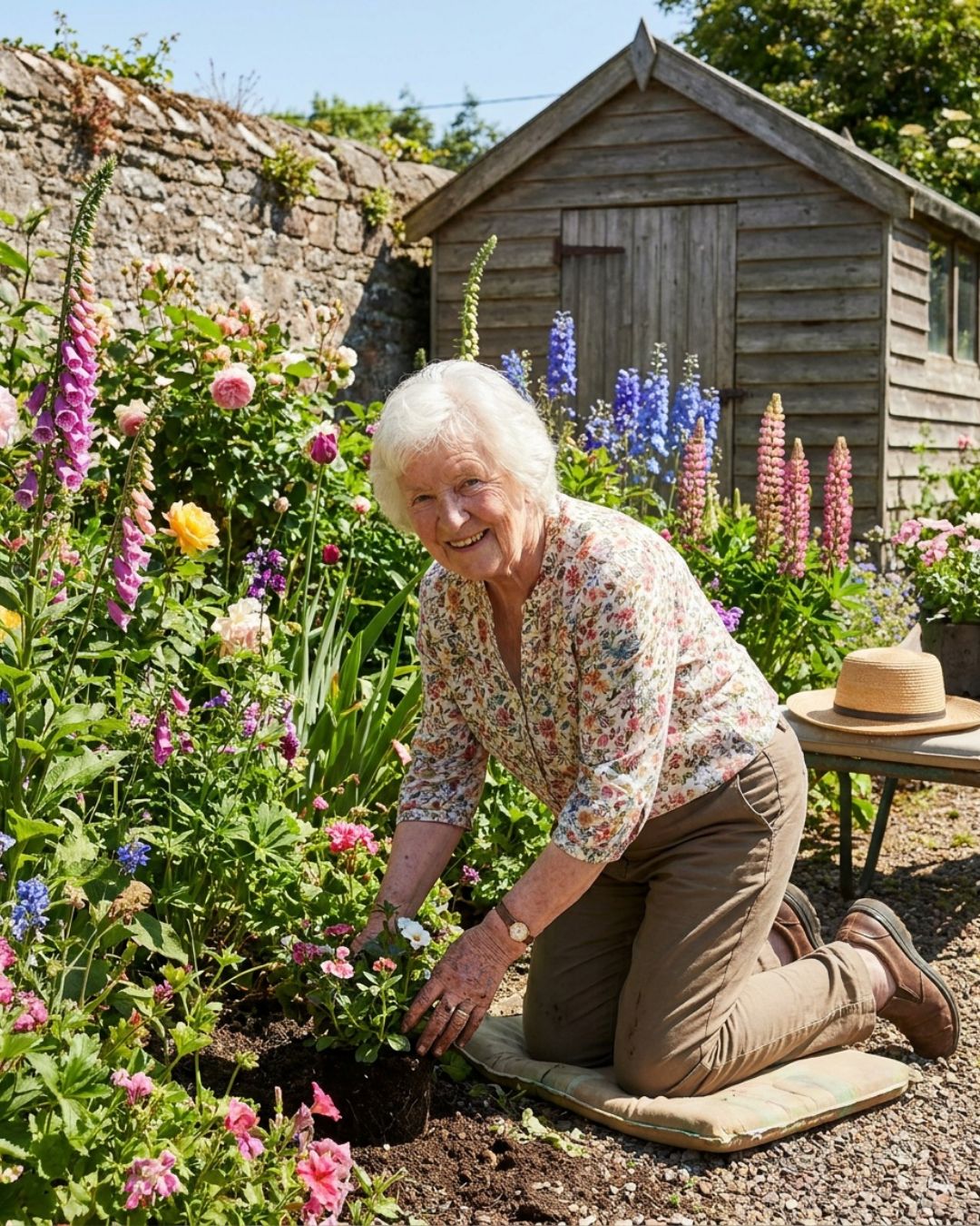 Elderly woman back to gardening after hip replacement